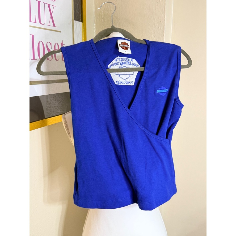 Harley Davidson Womens Royal Blue Wrap V-Neck Sleeveless Top Embroidered Medium
